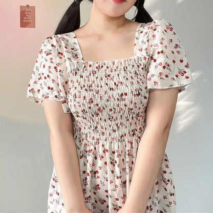 Spring Summer Elastic Waist Short Sleeve Chiffon Dress Women Casual Dresses Female Printed Floral Midi A-Line Dresses Vestidos