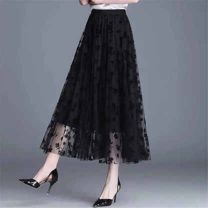 Mesh Floral Skirt Women 2023 Spring Summer Autumn Long Gauze Skirt High Waisted Grace Fashion Puff Skirts Elegant Mujer Printing
