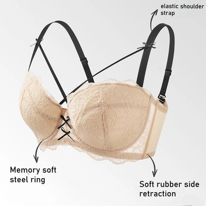 Half Cup Hot Bra for women Gathered Bowknot Brassiere Large Size Push Up Lace Tube Top Lace Big Chest Revealing Small Lace Bra