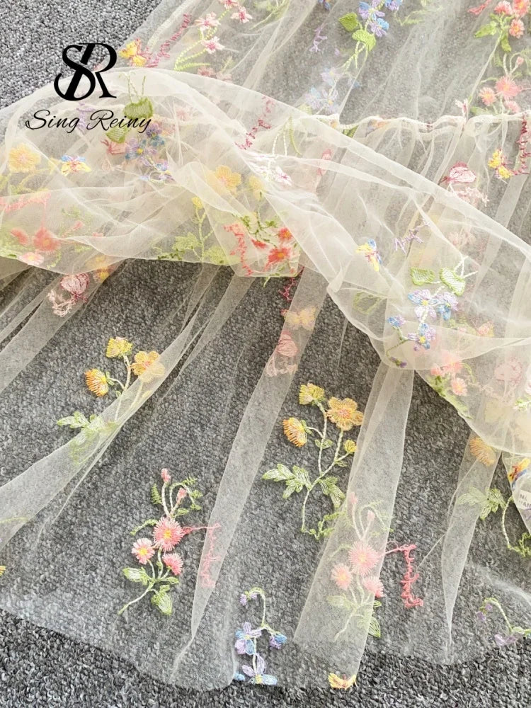 SINGREINY Holiday Floral Embroidery Long Dress 2026 Women O Neck Sleeveless Loose Irregular Summer French Mesh Bohemian Sundress