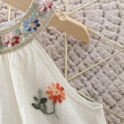 Girls Sweet Dresses Summer Embroidered Sleeveless Hanging Neck Beach Dress Leisure Vacation Dress Kids Clothes