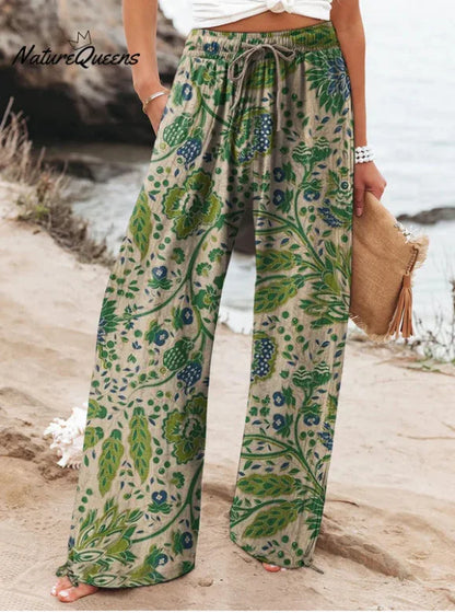 Women's New High Waist Loose Casual Wide Leg Print Pants Summer Beach EU US Style Comfy Flowy Trousers