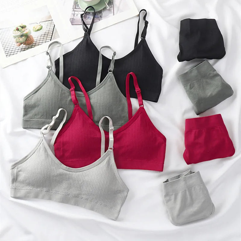 Women Seamless Bra And Panties Set Sexy Lingerie High Waist Thong Comfy Wire Free Bra Female Solid Color Ribbed Underwear Set