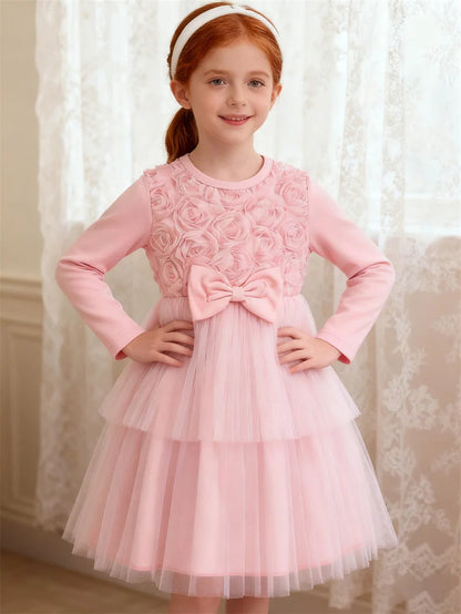 Kids Autumn 3D Flower Bow Dresses Children Princess Style Long Sleeve Mesh Puff Skirt Girls Birthday Party Performance Dress
