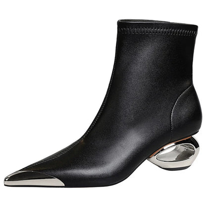 BIGTREE Shoes Metal Pointed Tip Women Boots Hollow Out Heels Women Ankle Boots Female Suede Short Boots Mid Heel Shoes Fashion