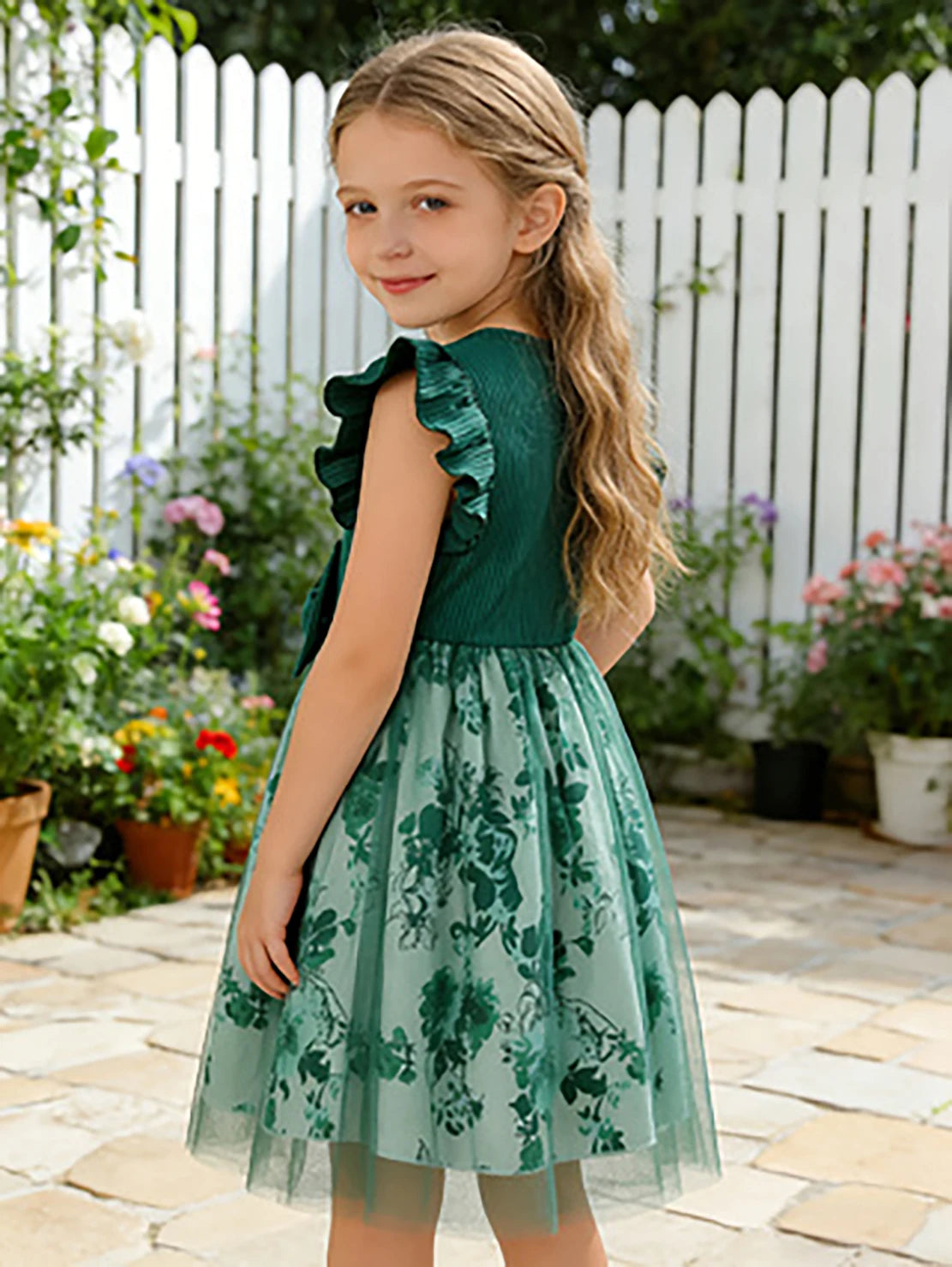 Little Girls Green Gradient Princess Dress, Summer Floral Print Tutu Skirt, Kids Pastoral Style Daily Dress