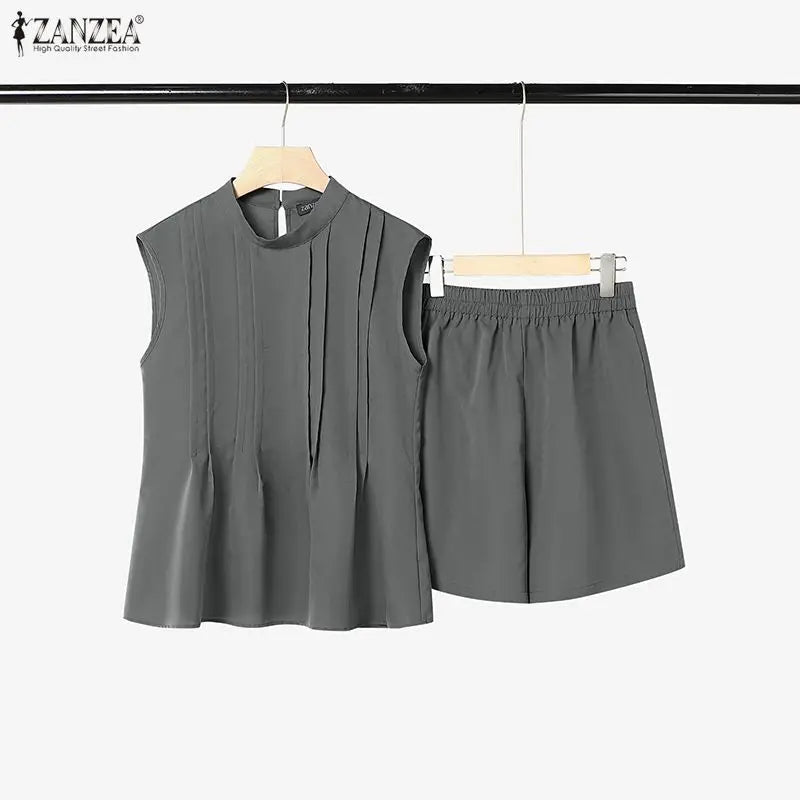 2026 ZANZEA Summer O Neck Sleeveless Tanks Tops Short Sets Stylish Women 2 Pieces Sets 2PCS Casual Holiday Outfits Tracksuit