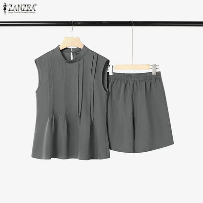 2026 ZANZEA Summer O Neck Sleeveless Tanks Tops Short Sets Stylish Women 2 Pieces Sets 2PCS Casual Holiday Outfits Tracksuit