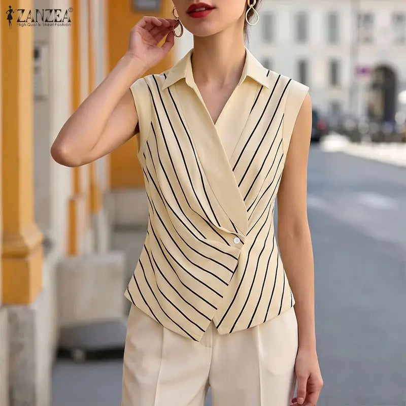 ZANZEA Elegant Women Striped Shirts Summer Turn-Down Collar Single Button Cinch Waist Sleeveless Tops Office Lady Vest Tops 3XL