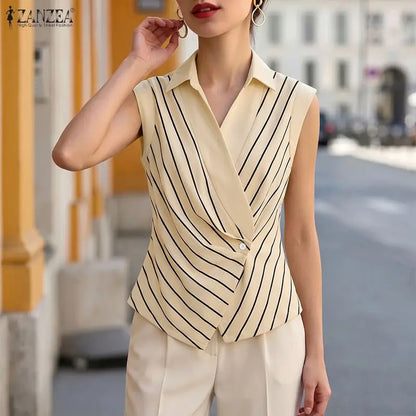 ZANZEA Elegant Women Striped Shirts Summer Turn-Down Collar Single Button Cinch Waist Sleeveless Tops Office Lady Vest Tops 3XL