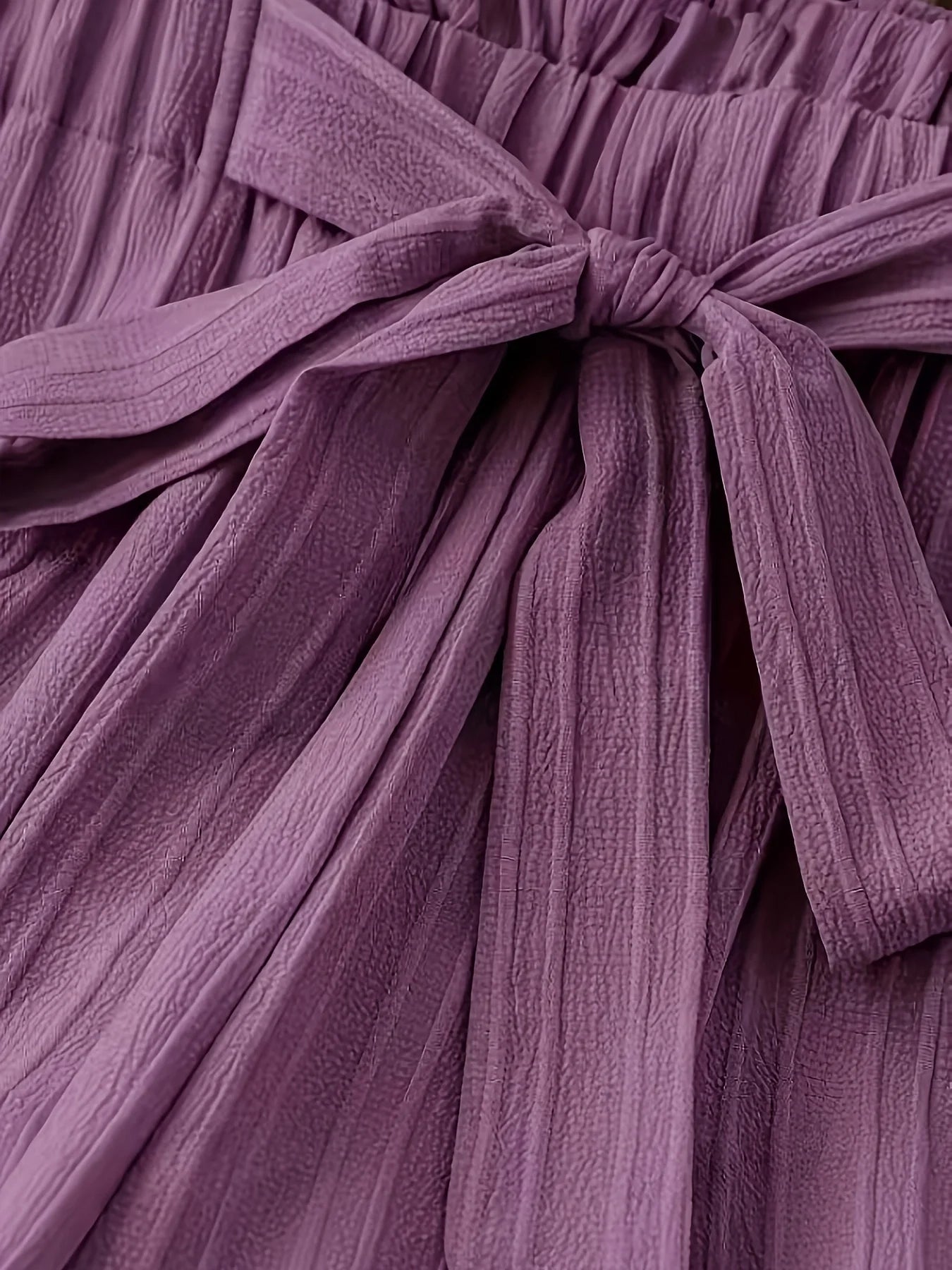 Purple Tie-Waist Wide-Leg Pants, Textured Crinkle Fabric, High-Waist Ruffle Edge Casual Trousers