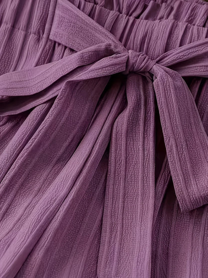 Purple Tie-Waist Wide-Leg Pants, Textured Crinkle Fabric, High-Waist Ruffle Edge Casual Trousers