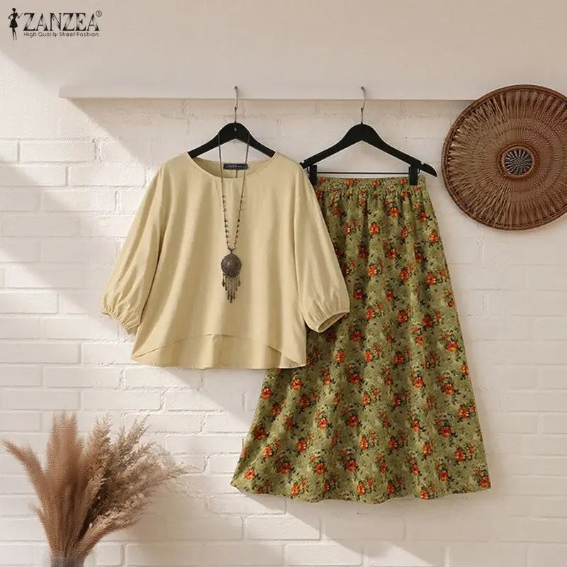 ZANZEA Autumn Bohemian Outfits Women 2 Pieces Sets 3/4 Lantern Sleeve Blouse Floral Print A-Line Maxi Skirt Casual Holiday Suit