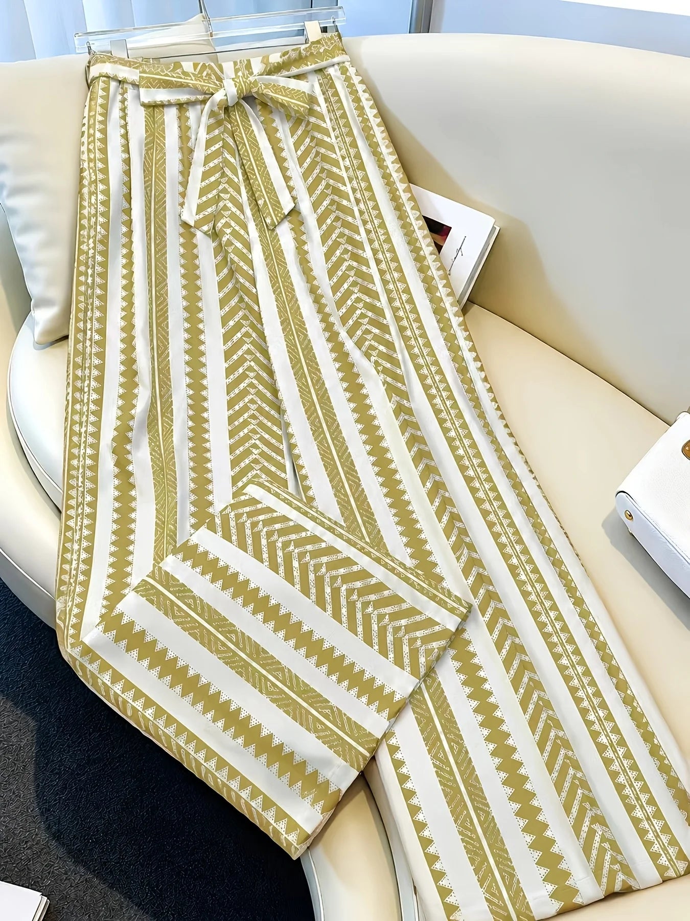 Women's Olive Green Geometric Chevron Stripe Print Wide Leg Pants High Waist Tie Belt Draping Loose Fit Casual Summer Trousers
