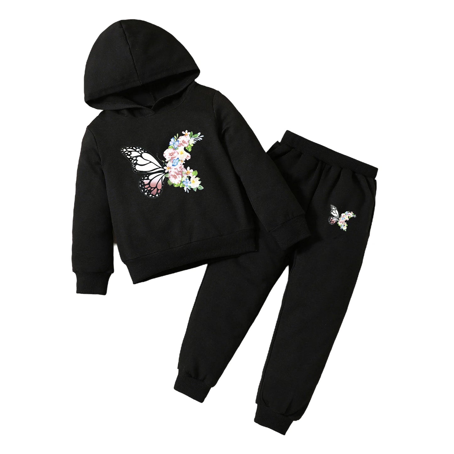 Kids Soft Casual Workout Outfit Girls Cute Butterfly Print Outfit Tracksuit Long Sleeves Hoodie with Pants Outdoor Sports Wear