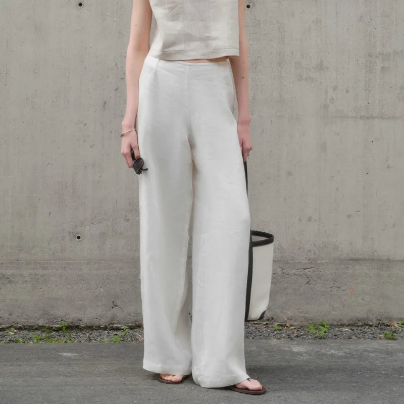 Vintage Pure Linen Long Pant for Women Fashion Casual Loose Spring and Summer Wide-leg Pants Streetwear Office Ladies Trousers