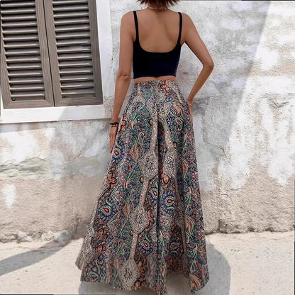 Bohemian Wide Leg Pants Retro Colorful Print High Waist Loose Casual Trousers Boho Palazzo Pants