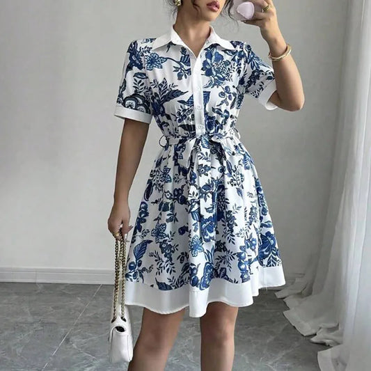 Dresses for Women New Summer Short Sleeve Turn Down Collar Women Dress Lace-up Print Dress Women Vestidos De Verano Mujer Q4136