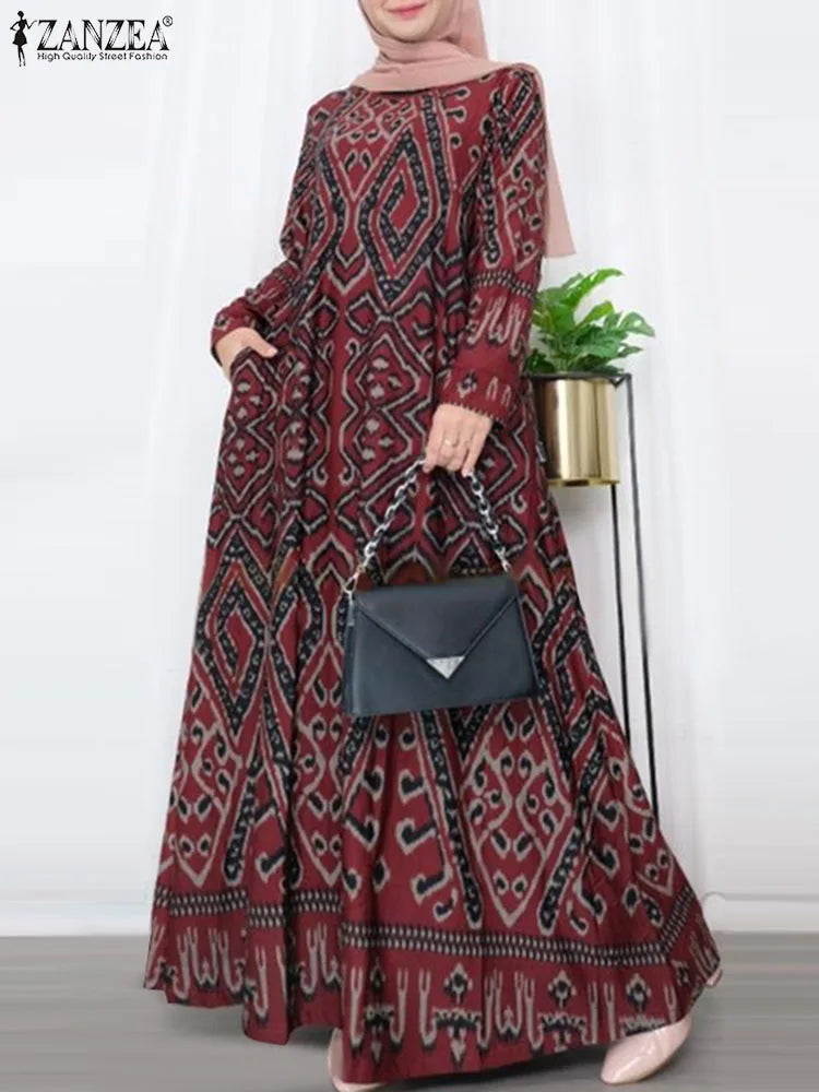 ZANZEA Women Vintage Floral Printed Sundress Spring Long Sleeve Muslim Abaya Maxi Long Dress Turkey Hijab Vestido Robe Femme