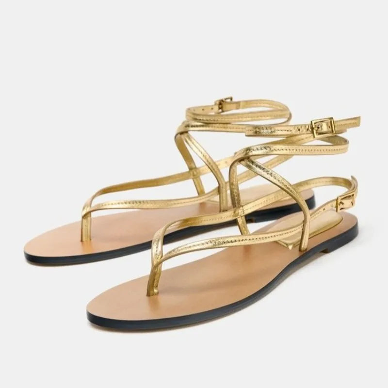 Sexy Gold Ankle Strap Buckle Flat Sandals Women Lightweight Comfort Flip Flops Luxury Designer Cross Strap Summer Shoe Sandalias