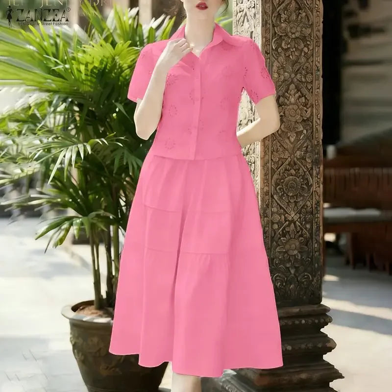 ZANZEA Elegant Short Sleeve Hollow Out Shirt Dress Sets Women 2 Piece Sets Summer Outfits 2026 Stylish Solid OL Work Skirt Suit