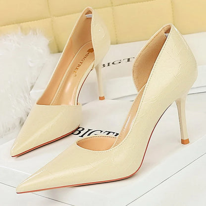 BIGTREE Shoes Women 8 Cm Heels Patent Leather Design Women Pumps Pointed Side Hollow Retro High Heels Stilettos Party Shoes 43