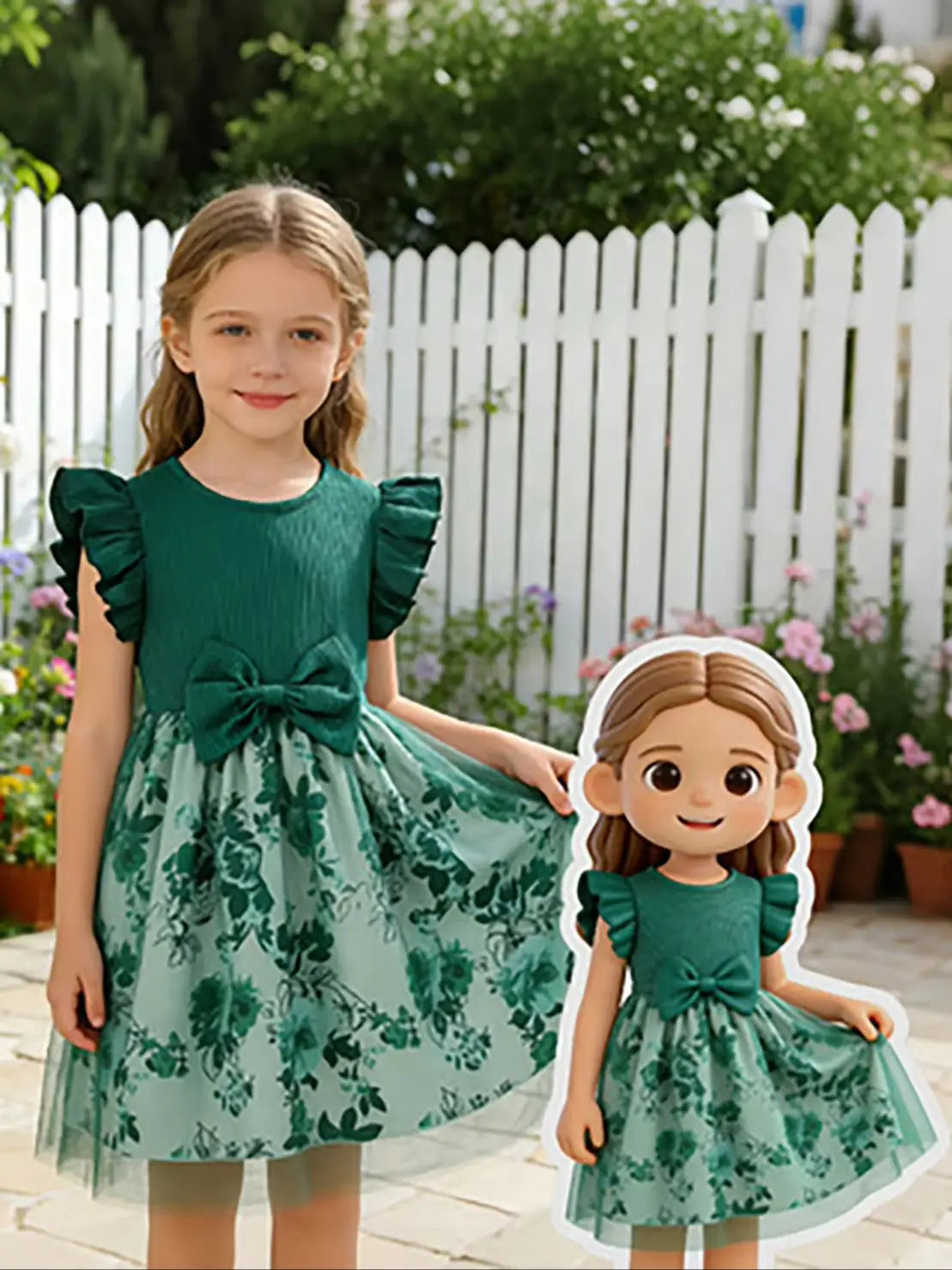 Little Girls Green Gradient Princess Dress, Summer Floral Print Tutu Skirt, Kids Pastoral Style Daily Dress