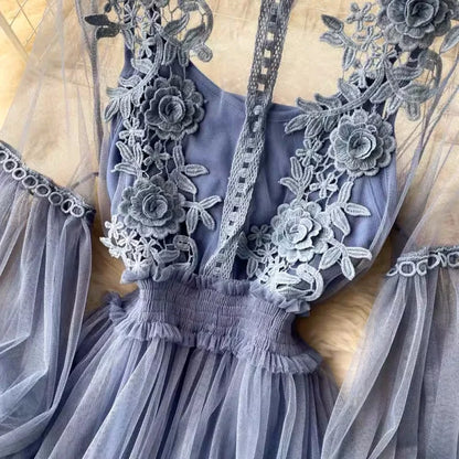 New Lace Flower Mesh Dress Summer Lantern Sleeve White Long Dresses For Women Party Vintage Elegant Dress 2 Piece Sets 12041