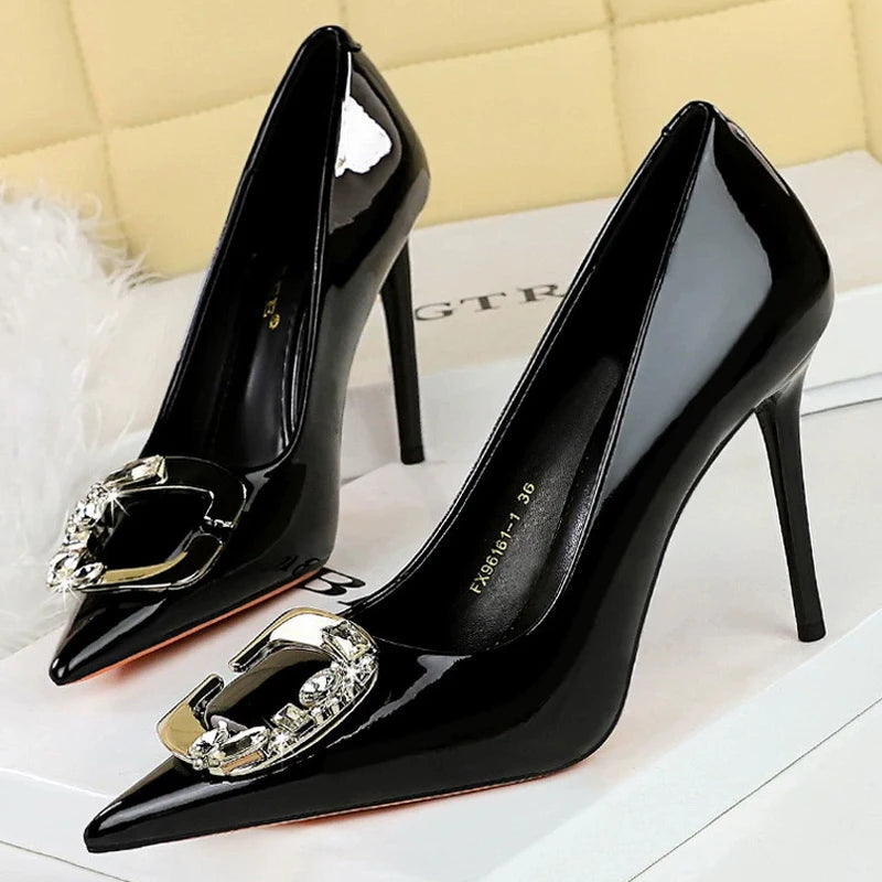 BIGTREE Shoes Metal Rhinestone Belt Buckle Women Pumps Patent Leather High Heels Luxury Banquet Shoes Sexy Party Shoes Women