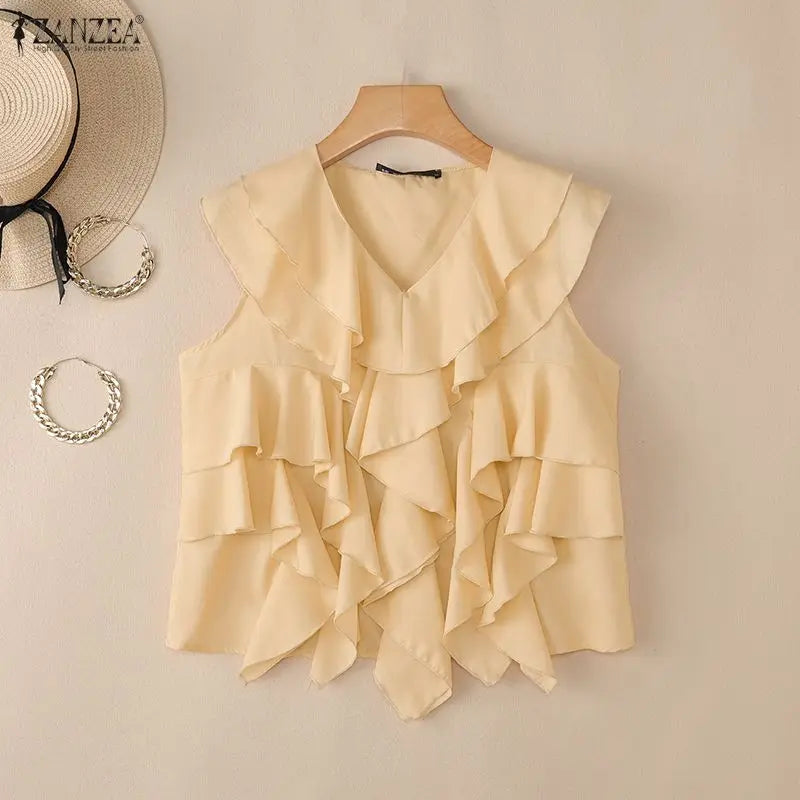 ZANZEA Summer Sleeveless Women Blouses Ruffles Tops Fashion Solid Color Tee OL Work Party Blusas Tunic Streetwear Oversize S-3XL