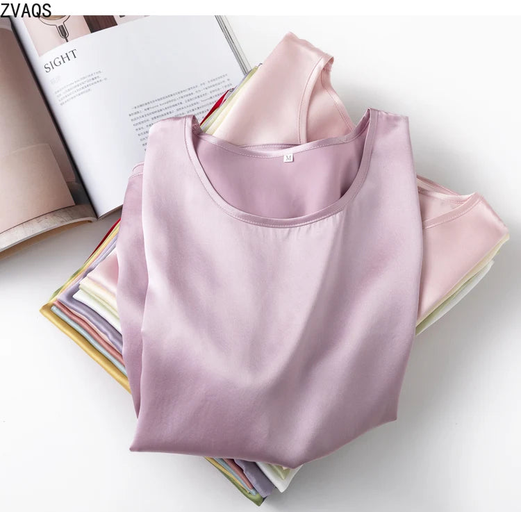 ZVAQS 100% Mulberry Silk T Shirts Woman Elegant Satin T Shirt 27 Colors High Quality Silk Summer Tops 2025 Women Clothing Топ
