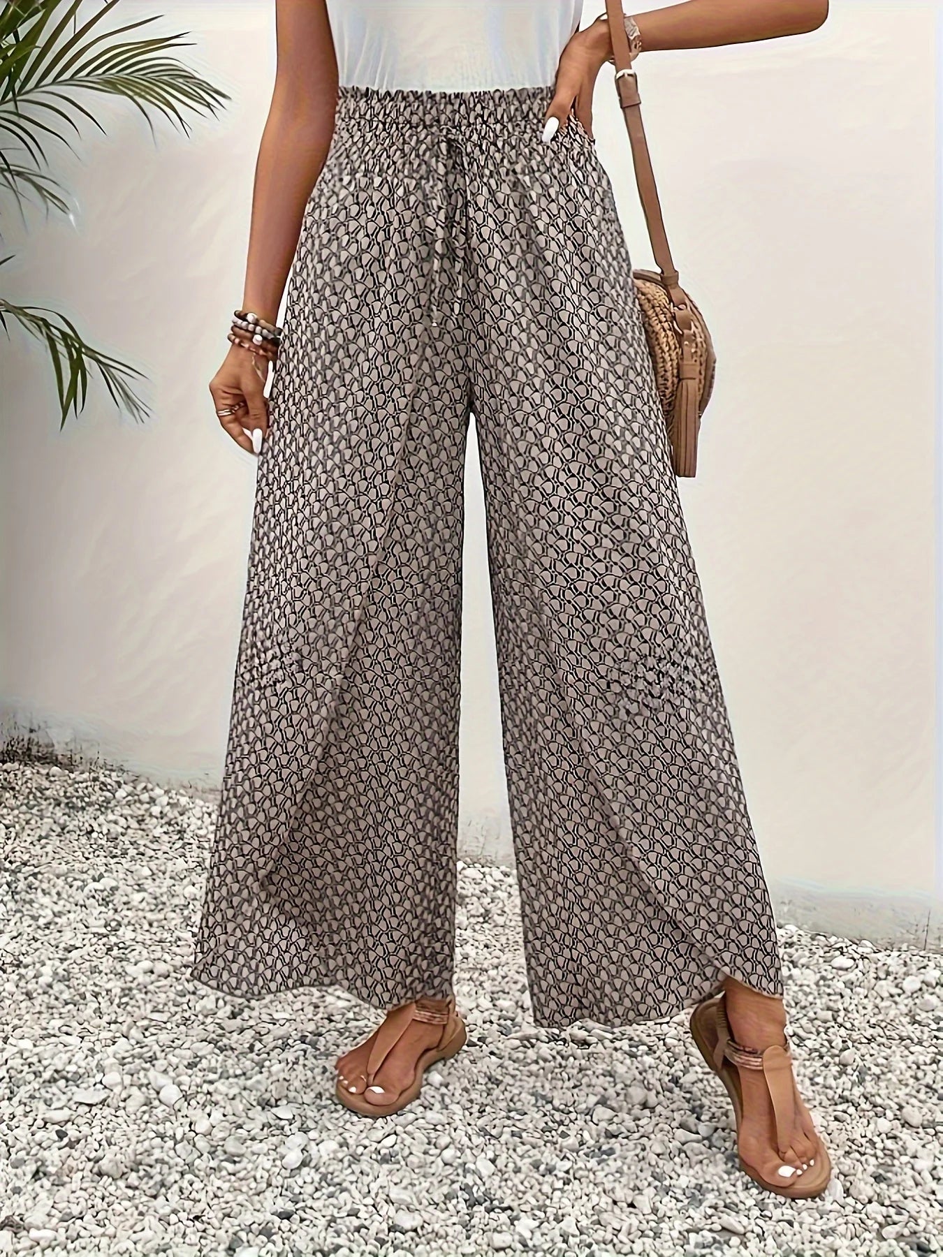 Spring Summer Women Elegant Wide Legs Pants Casual Vacation Beach Print Trousers Office Lady Loose High Waist Pants