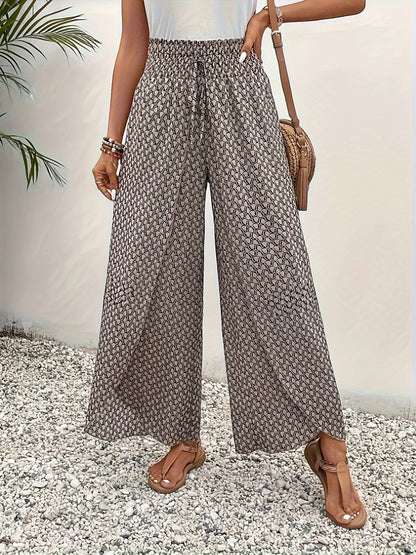 Spring Summer Women Elegant Wide Legs Pants Casual Vacation Beach Print Trousers Office Lady Loose High Waist Pants