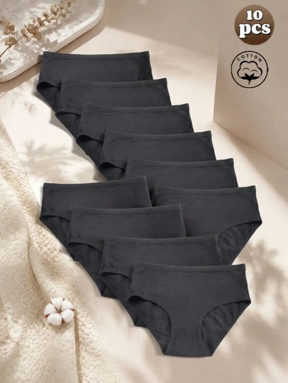 10Pcs Women Solid Black Ribbed Cotton Briefs Set, Mid Rise Simple Daily Basic Panties, Casual Everyday Ladies Underwear Multi Pa