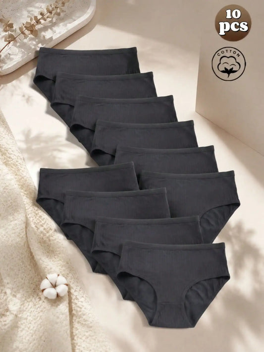 10Pcs Women Solid Black Ribbed Cotton Briefs Set, Mid Rise Simple Daily Basic Panties, Casual Everyday Ladies Underwear Multi Pa