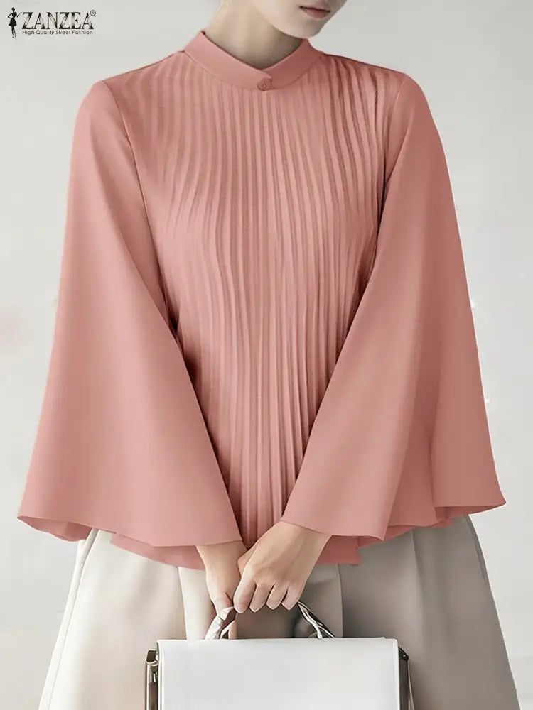 ZANZEA Elegant Chic Plisse Women Blouses Stand Collar Long Flare Sleeve Solid Color Pleated Tops Autumn Fashion Woman Clothes