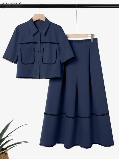Fashion Summer 2 Pieces Sets ZANZEA Short Sleeve Shirt A Line Skirt Suit Women OL Work Dress Sets 2026 Stylish Patchwork Outfits