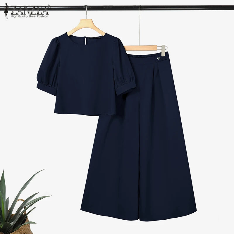 2026 ZANZEA Elegant Women Short Puff Sleeve Cropped Blouse Wide Leg Pant Sets Fashion Summer 2 Piece Sets Solid OL Work Outfits