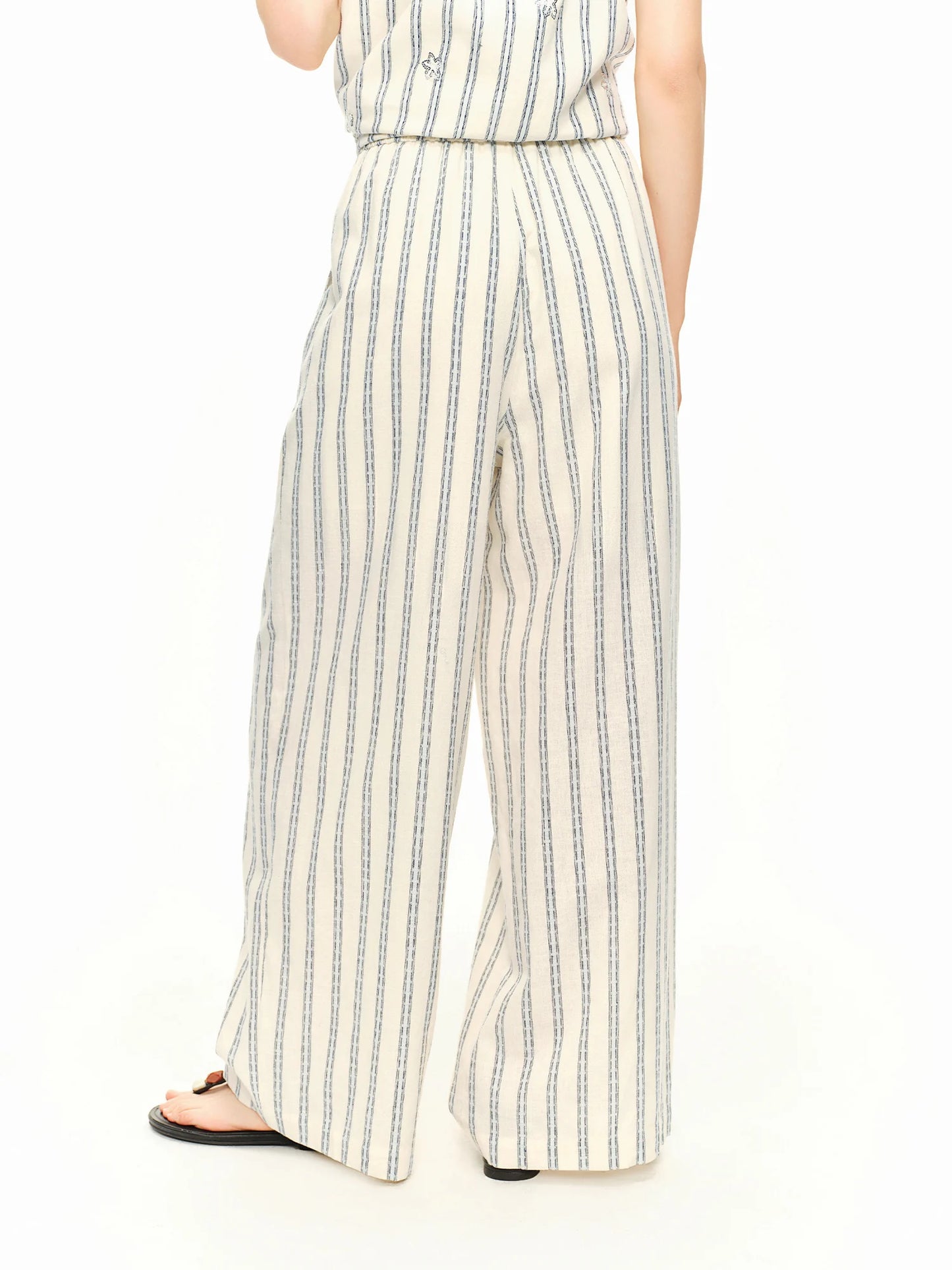 DUSHU 2026 Summer Women Striped Linen Cotton Straight Leg Elastic High Waist Breathable Casual Trousers Boho Beach Coastal Style