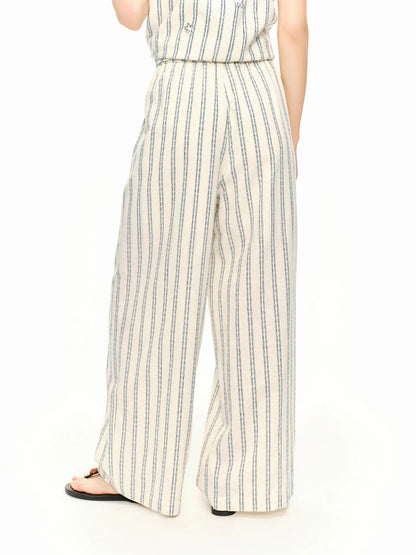 DUSHU 2026 Summer Women Striped Linen Cotton Straight Leg Elastic High Waist Breathable Casual Trousers Boho Beach Coastal Style