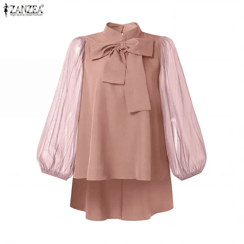 ZANZEA Women High-Low Blouses Summer Elegant Stand Collar Mesh Lantern Sleeves Solid Color Tops Day to Night Blusas de Mujer