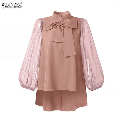 ZANZEA Women High-Low Blouses Summer Elegant Stand Collar Mesh Lantern Sleeves Solid Color Tops Day to Night Blusas de Mujer