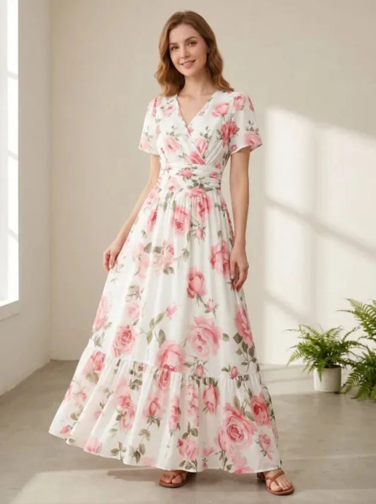 Elegant V-Neck A-Line Long Dress Soft Rose Print Summer Vacation Gown Women's Casual Maxi Skirt