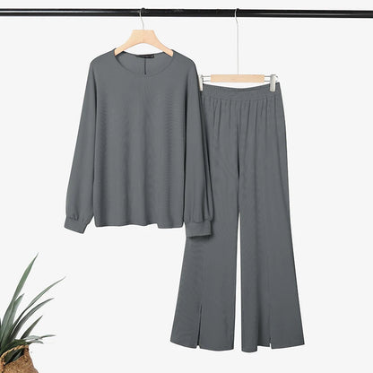 ZANZEA Plus Size-Women's Ribbed Knit Pant Suits Long Sleeve Tops & Slit Hem Wide-Leg Pants 2 Pieces Sets Cozy Loose Outfits 5XL