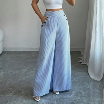 Striped Wide Leg Pants for Women, Loose Casual High Waisted Trousers with Button, Breathable Palazzo Pants with Pockets