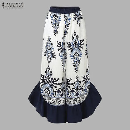ZANZEA Women's Pants Vintage Printed Trouser Patchwork Casual Loose Ladies Bottoms Fashion Long Elegant Pants