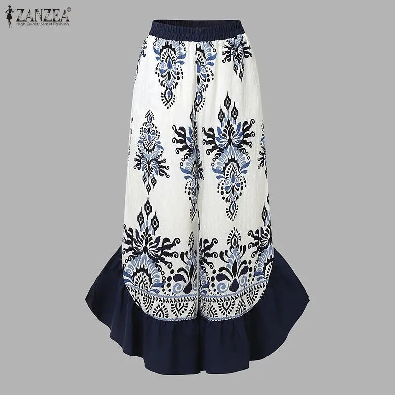 ZANZEA Casual Loose Ladies Bottoms Women's Pants Vintage Printed Trouser Patchwork Fashion Long Elegant Pants