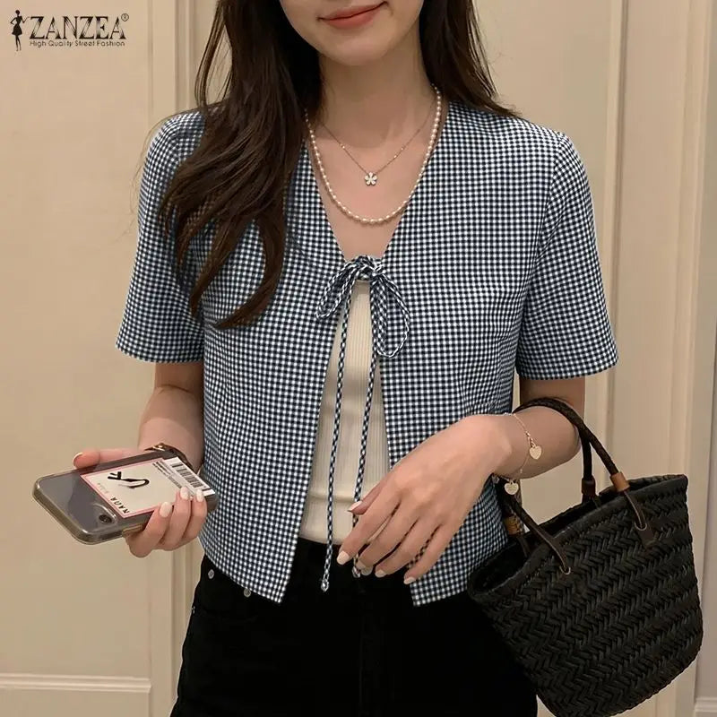ZANZEA Women Casual Gingham Tie-Front Cardigans V-Neck Short Sleeve Short Shirts 2026 Summer Fashion Dates Daily Wear Tops