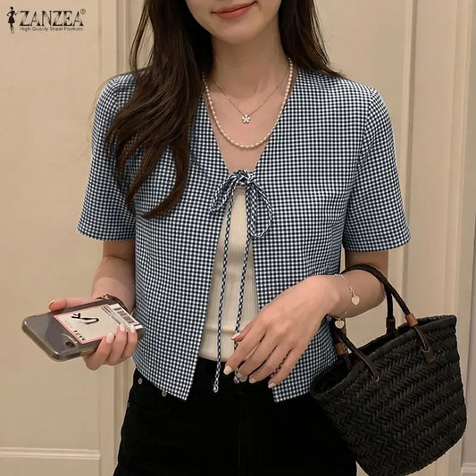 ZANZEA Women Casual Gingham Tie-Front Cardigans V-Neck Short Sleeve Short Shirts 2026 Summer Fashion Dates Daily Wear Tops