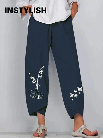 Women Cotton Linen Harem Pants Vintage Printed Wide Leg Trousers Casual Solid Pockets Harajuku High Waist Baggy Pants Joggers